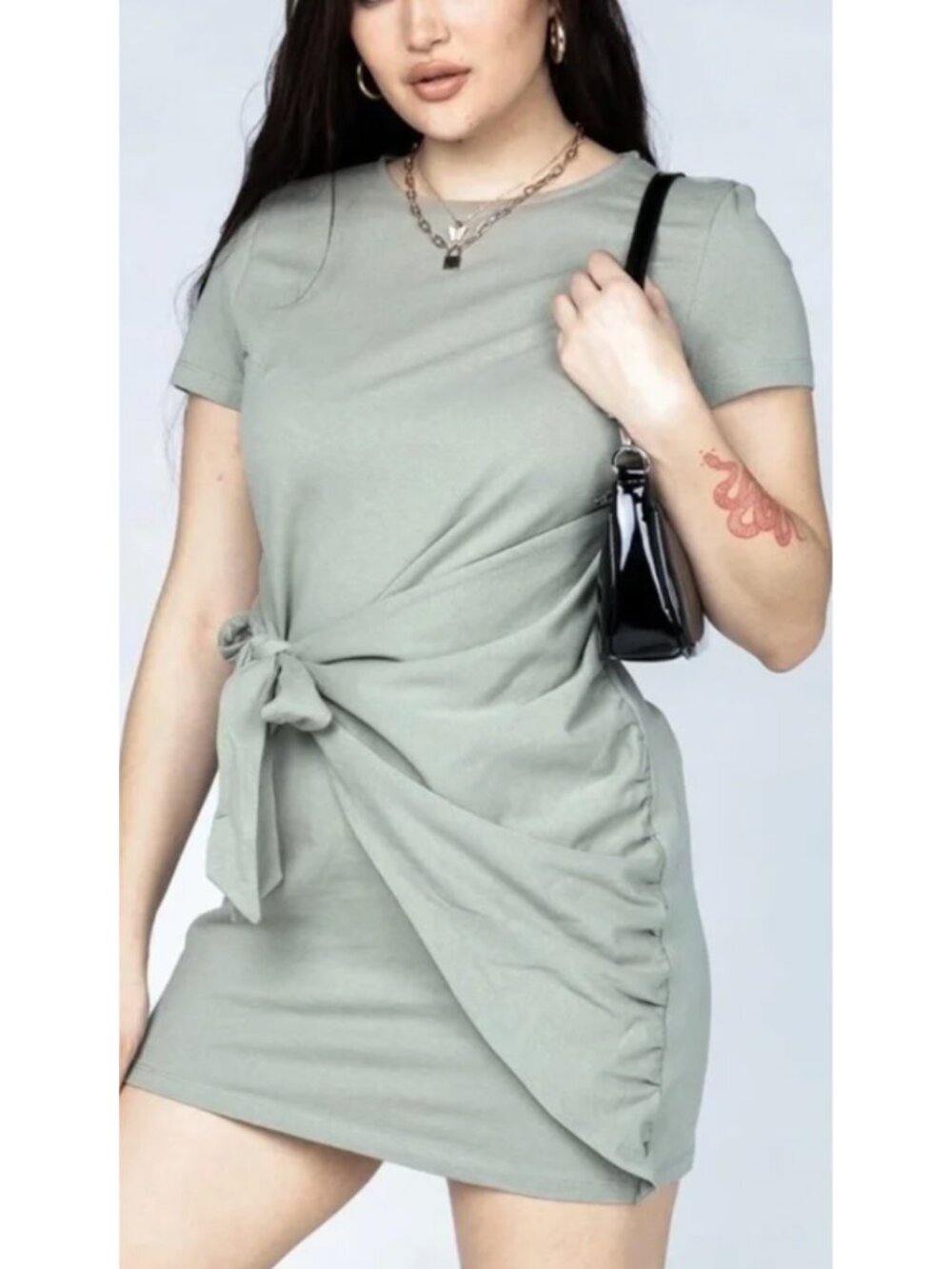 PRINCESS POLLY Beckett Mini Dress Olive Green 100% Cotton Tie Wrap T-Shirt Dress